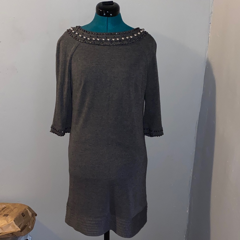 Chic Charcoal Beaded Long Sleeve Dress